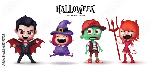 Halloween characters set vector design. Halloween character collection like vampire, witch, zombie and demon trick or treat party costume elements. Vector illustration horror characters collection.
