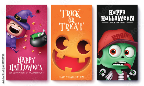 Halloween text vector poster set design. Halloween trick or treat party invitation card with witch, pumpkin and zombie character elements for kids event celebration collection. Vector illustration 