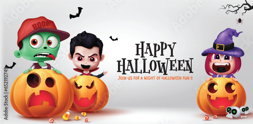 Happy halloween text vector design. Halloween greeting card with zombie, vampire, witch characters and pumpkins elements. Vector illustration seasonal trick or treat background.
