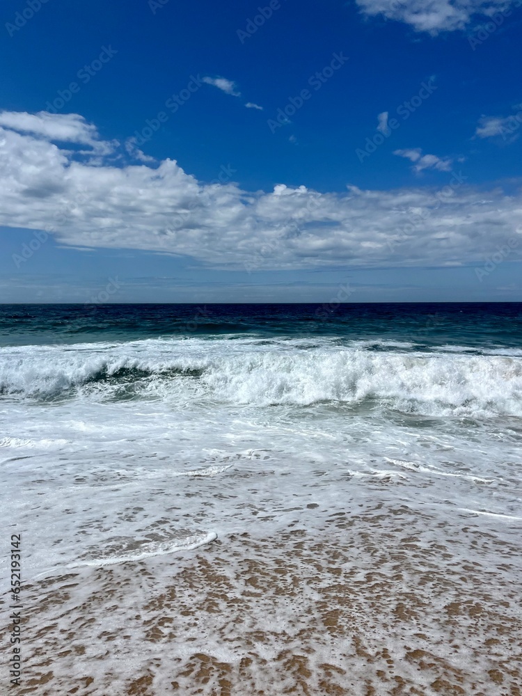 Waved seashore, sea water foam, powerful and fresh seascape, blue horizon Waved seashore, sea water foam, powerful and fresh seascape, blue horizon