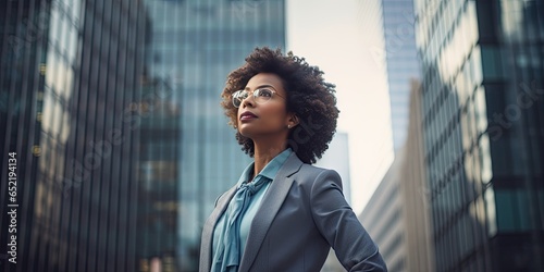 Close-up portrait of a middle aged African American businesswoman in eyeglasses in a formal suit against the backdrop of skyscrapers in the business district of the city. Success and prosperity.