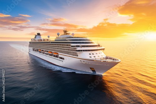 Luxury cruise ship in the ocean sea at sunset. Cruise vacation getaway. Aerial view of cruise ship. Premium liner in Mediterranean. Luxury liner. Luxury tourism travel on summer holiday.