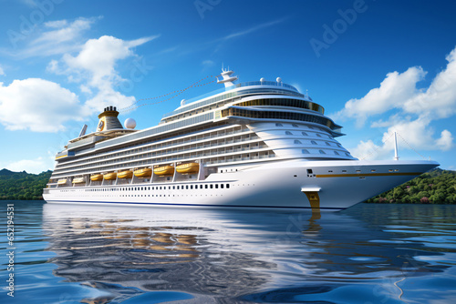 Luxury cruise ship in ocean sea. Cruise vacation getaway. Aerial view of cruise ship. Aboard liner in Mediterranean. Luxury liner. Luxury tourism travel on holiday with summer sky.