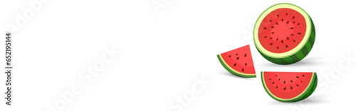 Vector banner template design for Healty watermelon fruits pieces cut on isolated background banner template