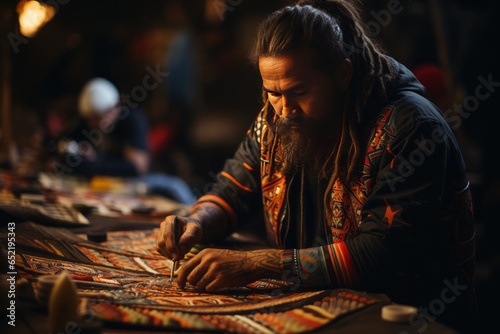 Aboriginal artist crafting traditional ceremonial clothing, Generative AI