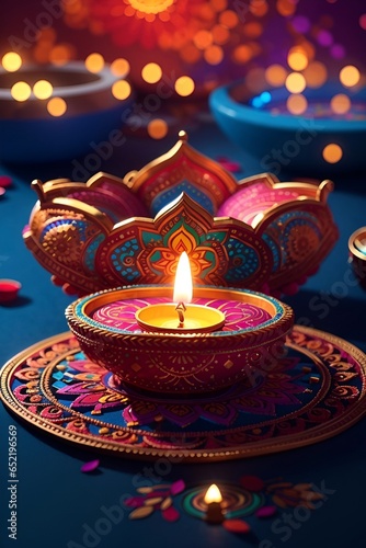 Celebrate the festival of lights with a stunning ai- generated the image of Diwali , featuring the vibrant Colors , intricate patterns,  and traditional elements like diyas and rangolis © TilakrajSingh