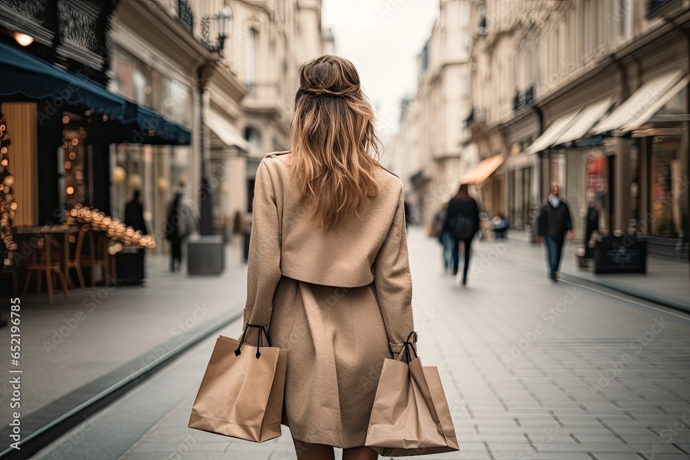 The concept of consumption and shopping. Photo of a stylish young blonde woman with shopping bags. She goes along a small European street with shops. View from the back.