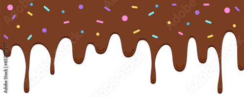 Melted chocolate topping dripping glaze with colorful sprinkles flat style illustration
