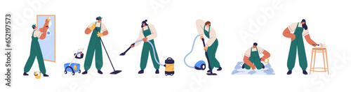 Men and women from cleaning service. Professionals doing cleanup with vacuum cleaner, mop, detergent, washing tools, clean appliances. Flat graphic vector illustrations isolated on white background