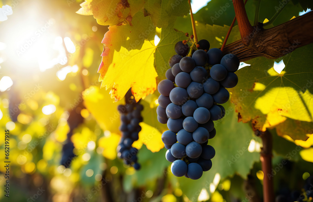 Fototapeta premium Bunches of ripe grapes on a vine in the rays of the sun.
