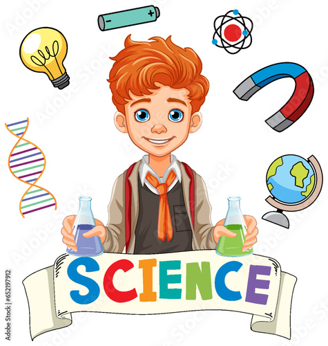 Science boy in uniform holding conical flask