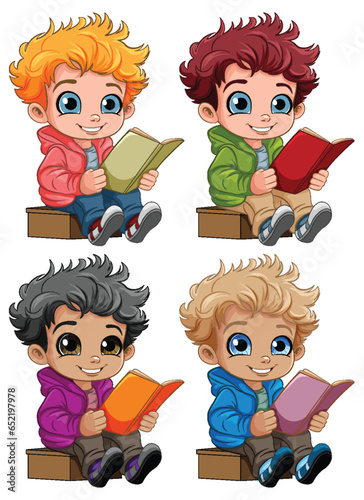 Set of Boys Reading Books Cartoon Characters