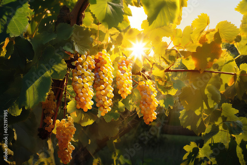 Bunches of ripe grapes on a vine in the rays of the sun.