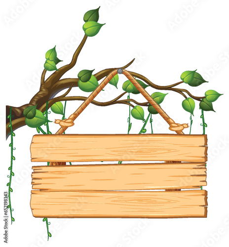 Vector Cartoon Illustration of Tree Branch with Wooden Signboard photo