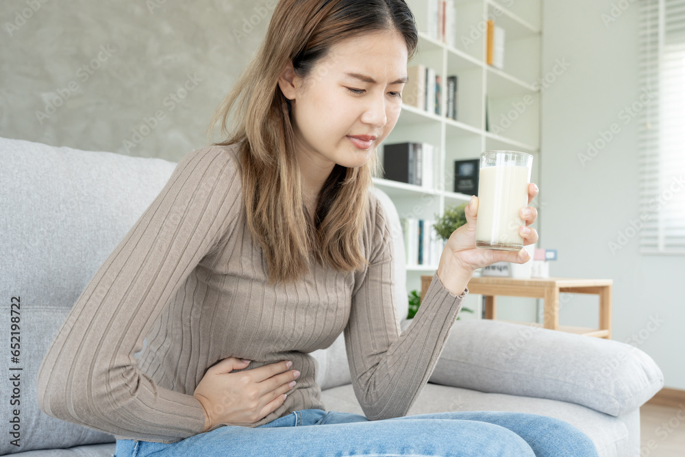 Milk allergens, Sick sad unhealthy ill allergic woman, runny stuffy