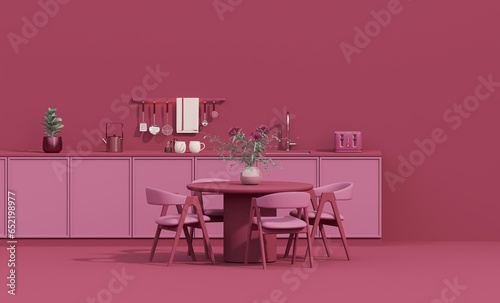 Viva magenta is a trend colour year 2023 in the kitchen room. Interior of the room in plain monochrome viva magenta color with washing sink  faucet  refrigerator  frame on the wall.3d render