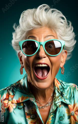A beautiful elderly woman in hawaiian shirt with an excited expression, scream with open wide mouth, isolated on background