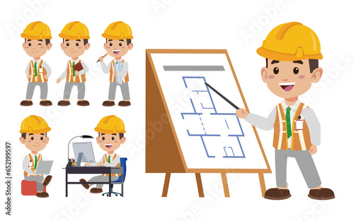 Set of engineer with different poses