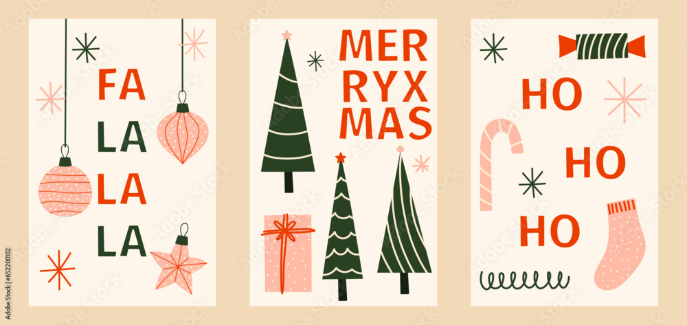 A modern set of Christmas cards. Creative template Happy Christmas and New Year. Cute and unusual festive background. Hand-drawn winter greetings. The winter season of wish fulfillment.