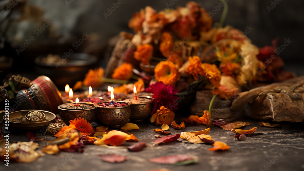 Wunderschöne brennende goldene Kerzen Dekoration mit vielen Blüten und Herbstblätter im Querformat für Banner, ai generativ Wunderschöne brennende goldene Kerzen Dekoration mit vielen Blüten und Herbstblätter im Querformat für Banner, ai generativ
