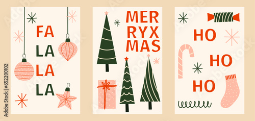 A modern set of Christmas cards. Creative template Happy Christmas and New Year. Cute and unusual festive background. Hand-drawn winter greetings. The winter season of wish fulfillment.