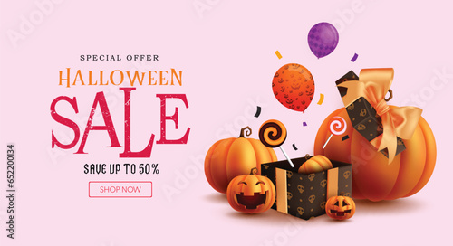 Halloween sale text vector banner design. Halloween special offer shopping discount with pumpkins and candies gift box elements decoration. Vector illustration trick or treat promotion banner.
