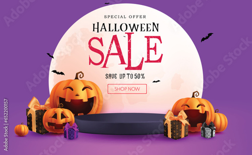 Halloween sale text vector banner design. Halloween podium sale with pumpkins and gifts elements decoration in full moon background. Vector illustration special offer promo discount.
