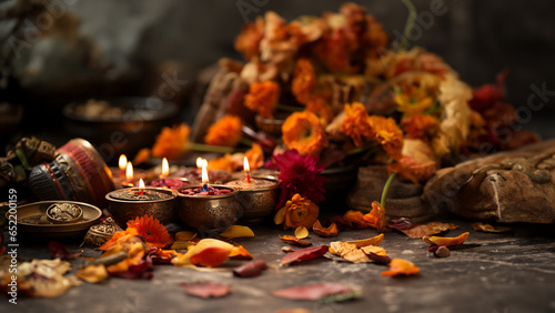 Wunderschöne brennende goldene Kerzen Dekoration mit vielen Blüten und Herbstblätter im Querformat für Banner, ai generativ