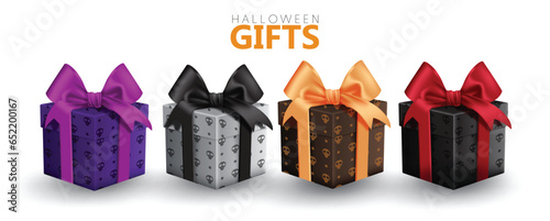 Halloween gifts elements vector set design. Halloween gift boxes with skull pattern and elegant ribbon isolated in white background. Vector illustration party gifts collection.
