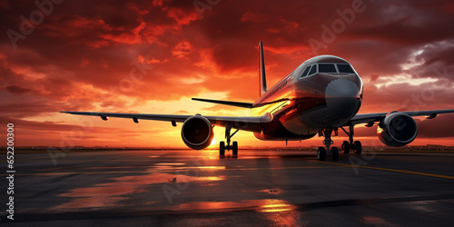Passenger plane taking off on runway at sunset. generative ai
