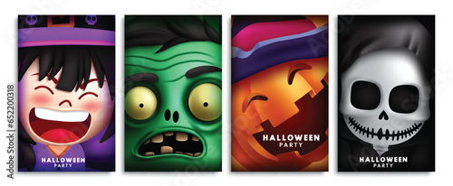 Halloween party text vector poster set design. Halloween party invitation card collection with witch, zombie, pumpkin and grim reaper characters. Vector illustration kids trick or treat postcard. 
