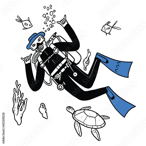 Illustration of a scuba diver with sea animals such as sea turtles, fish, and seaweed