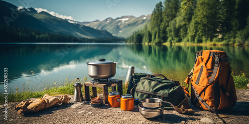 Camping and leisure time at the lake. Cooking on a gas cooker in the countryside. Generative Ai