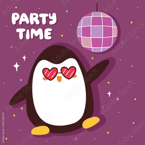 cute cartoon penguin dancing with disco lamp and pink glasses. cute kids card, wallpaper, background