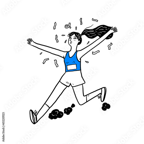 Illustration of a female marathon runner rejoicing as she crosses the finish line