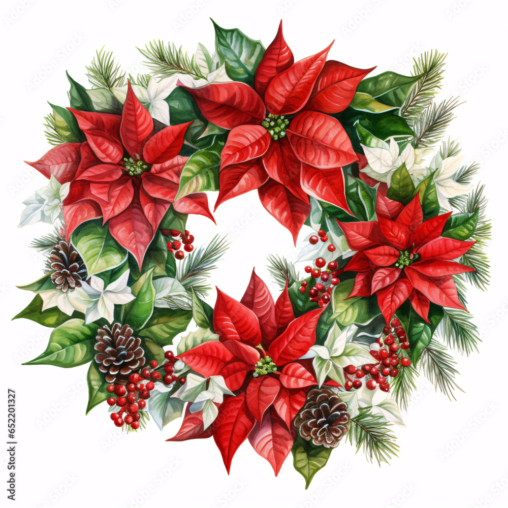 Naklejka premium Decorated Christmas wreath with green leaves and red berries. Water colours. digital AI