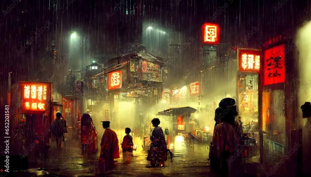 Edo era Steam punk cyber bunk Neon Japanese temple in background05 rain night Edo city street 