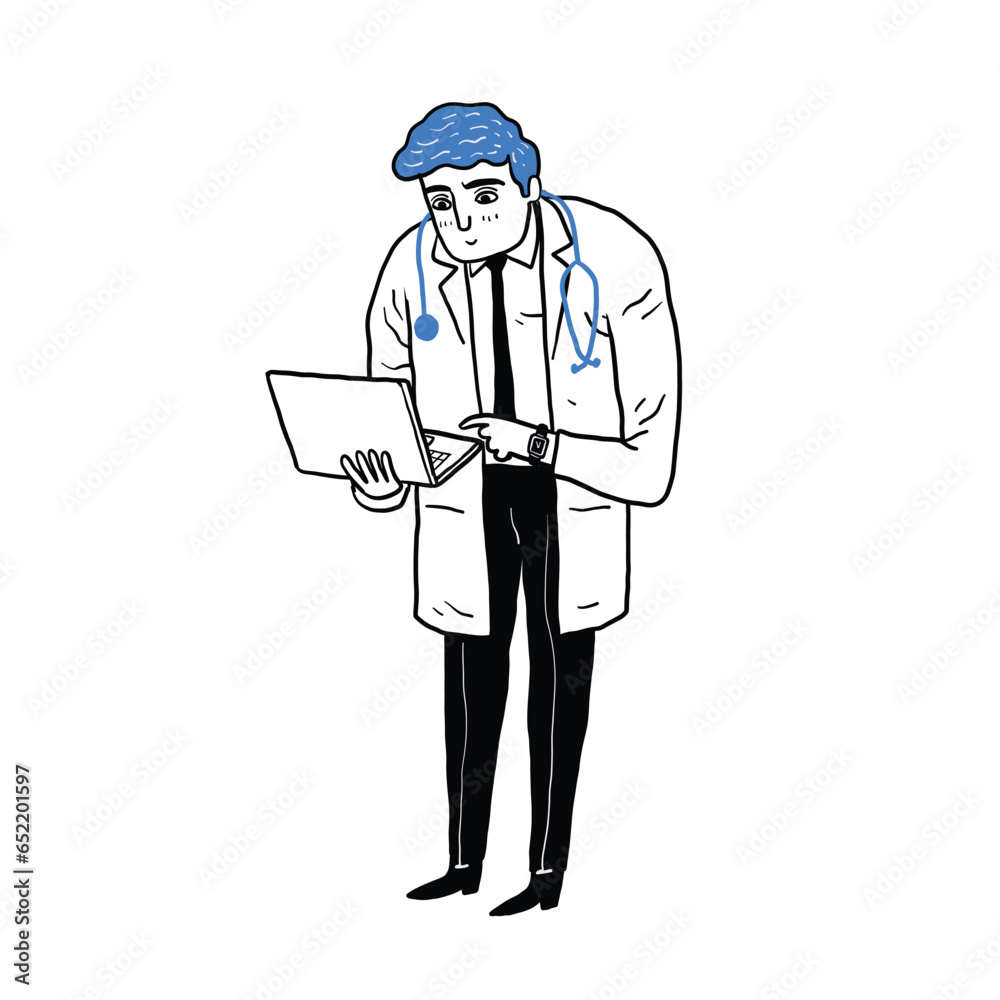 A doctor using the laptop. Hand drawn illustration line art doodle style.