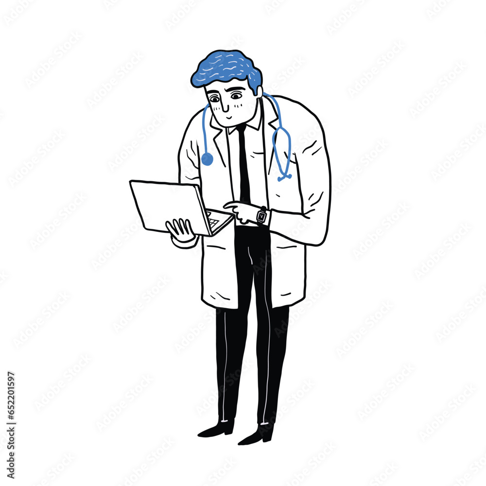 A doctor using the laptop. Hand drawn illustration line art doodle style. A doctor using the laptop. Hand drawn illustration line art doodle style.