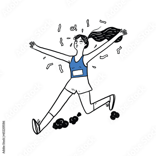 Illustration of a female marathon runner rejoicing as she crosses the finish line, Hand drawn illustration line art doodle style.