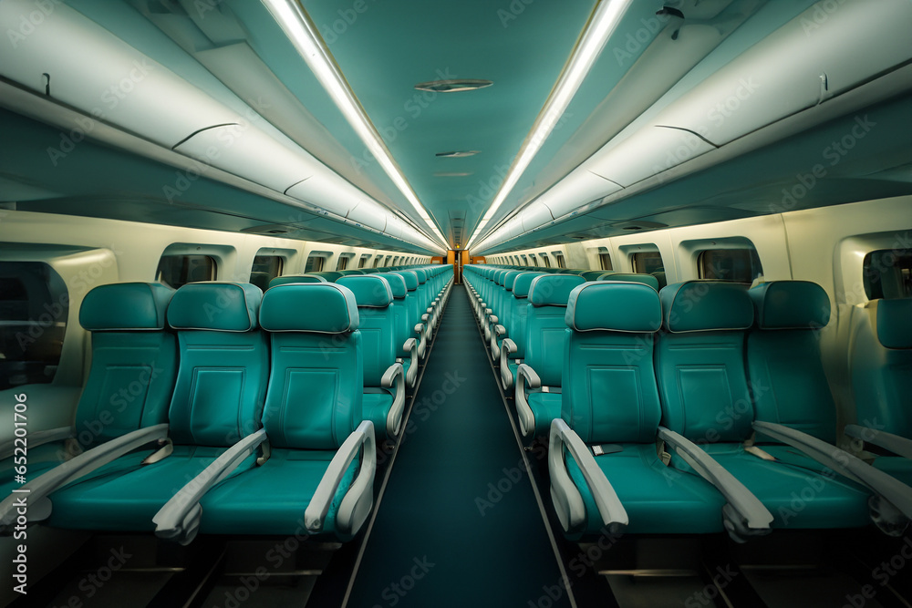 Fototapeta premium Modernes Flugzeug mit super schöner Innenausstattung an Sitzen in türkis blau im Querformat für Banner, ai generativ