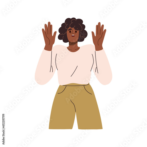 Scared afraid shocked woman looking at something with fear, fright emotions. Person with fearful frightened face expression, hand gesture. Flat graphic vector illustration isolated on white background