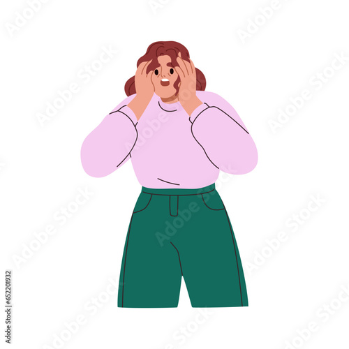 Shocked frustrated stressed woman grabbing head with fear, fright emotion. Frightened person screaming in panic, afraid face expression. Flat graphic vector illustration isolated on white background