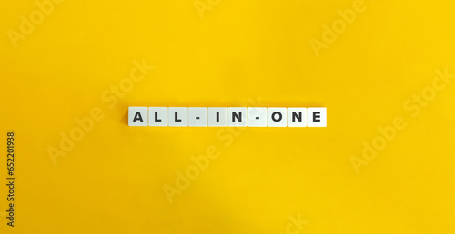 All-in-One Banner. Letter Tiles on Yellow Background. Minimal Aesthetic.