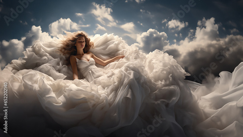Hübsche Frau liegt im Bett schlafend wie im siebten Himmel mit Wolken bequem und ruhig Querformat für Banner, ai generativ photo