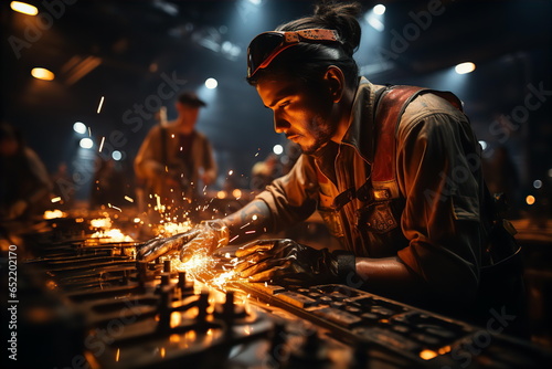 Man welder in uniform working at metalworking plant. Engineering factory concept. AI generated