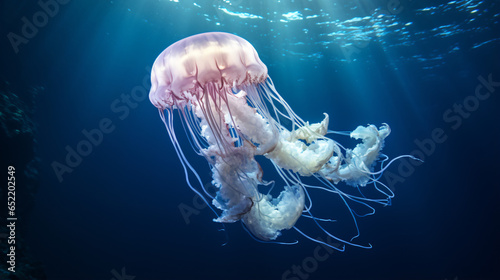 White Jellyfish dansing in the dark blue ocean © Cybonad
