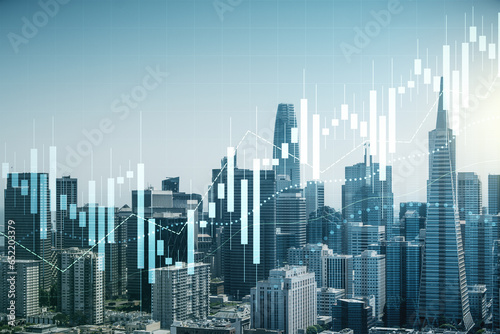 Multi exposure of virtual abstract financial diagram on San Francisco office buildings background, banking and accounting concept