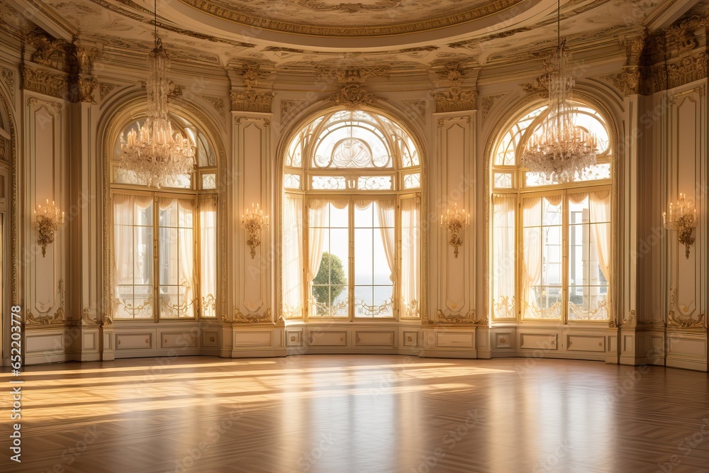 Gorgeous Ballroom with Arched Windows and Chandeliers