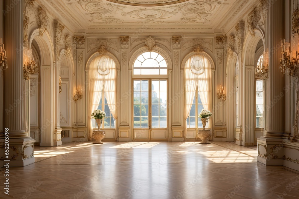 Gorgeous Ballroom with Arched Windows and Chandeliers